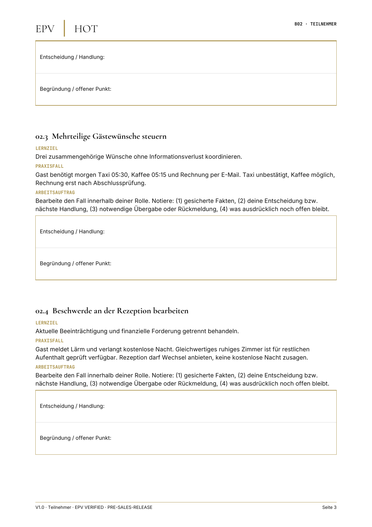 Originale Teilnehmerseite 3 mit Übungen zu mehrteiligen Gästewünschen und Beschwerden an der Rezeption; keine Trainerlösungen